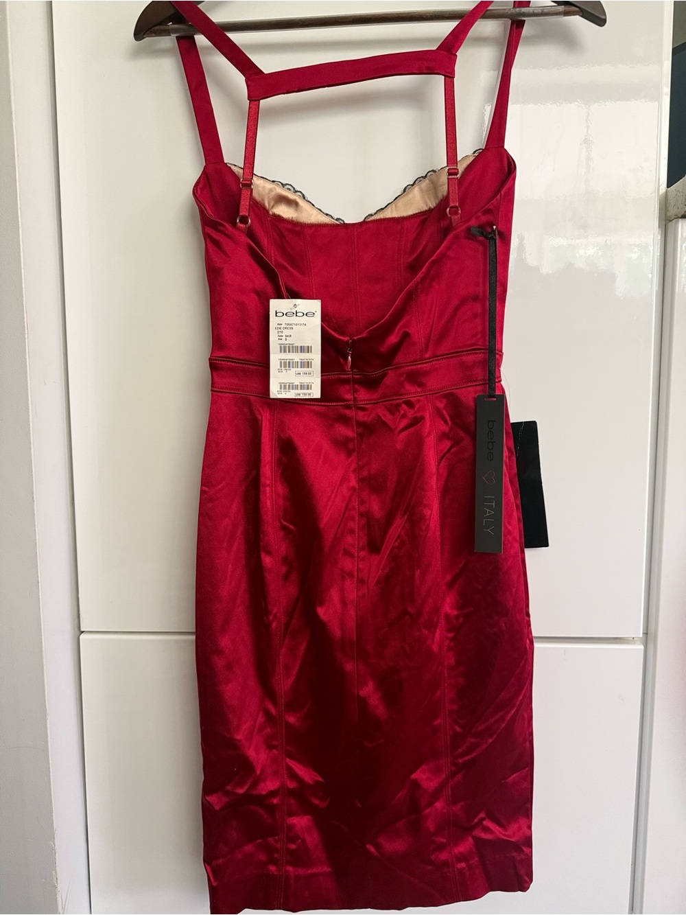 bebe Red Satin Lace-Trim Midi Dress with Strappy Neckline - Picture 2 of 5